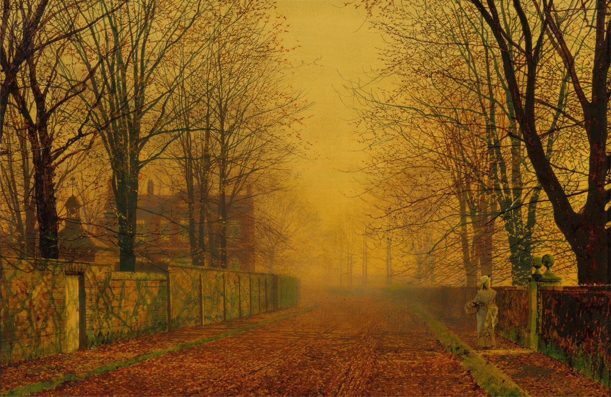 Quadro decorativo mostrando uma paisagem de outono com árvores sem folhas, um caminho coberto de folhas secas e uma luz dourada no céu, ao estilo de John Atkinson Grimshaw, com uma figura feminina caminhando ao longe.