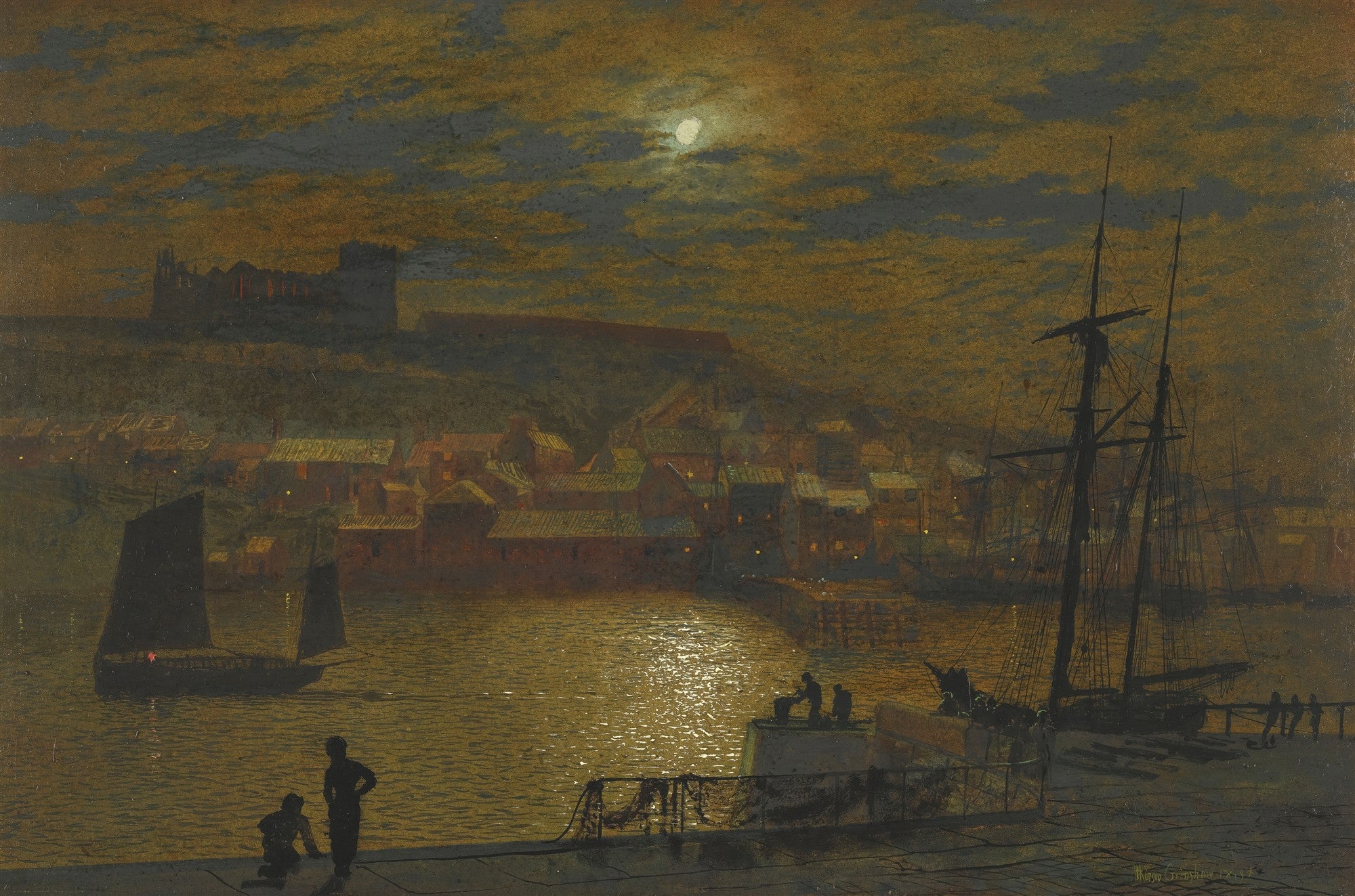 Pintura a óleo de John Atkinson Grimshaw, 'Whitby by Moonlight', representando um porto à noite com a lua cheia refletindo na água, barcos atracados e uma cidade com um castelo ao fundo. A cena é dominada por tons escuros de azul e marrom, com pontos de luz amarelada das casas e o brilho intenso da lua sobre a água.