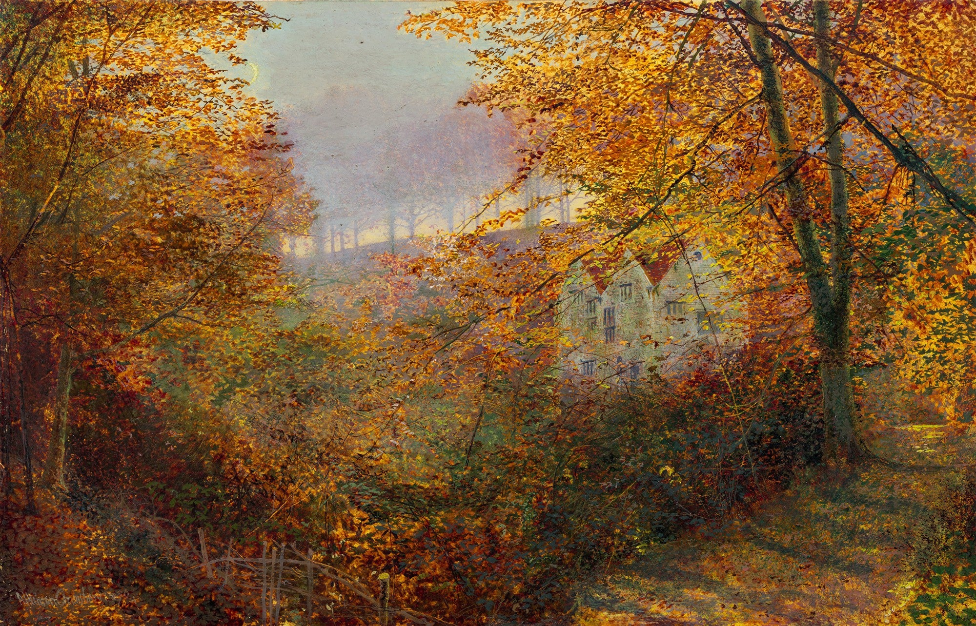 Pintura de paisagem outonal com árvores de folhas douradas e uma casa distante, atribuída a John Atkinson Grimshaw. A cena mostra a luz do crepúsculo através da folhagem.