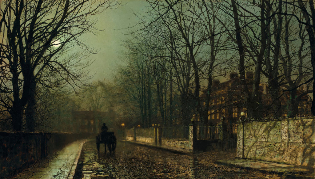 Quadro decorativo noturno de rua de paralelepípedos com carruagem e árvores despidas, iluminado pela luz da lua, de John Atkinson Grimshaw.