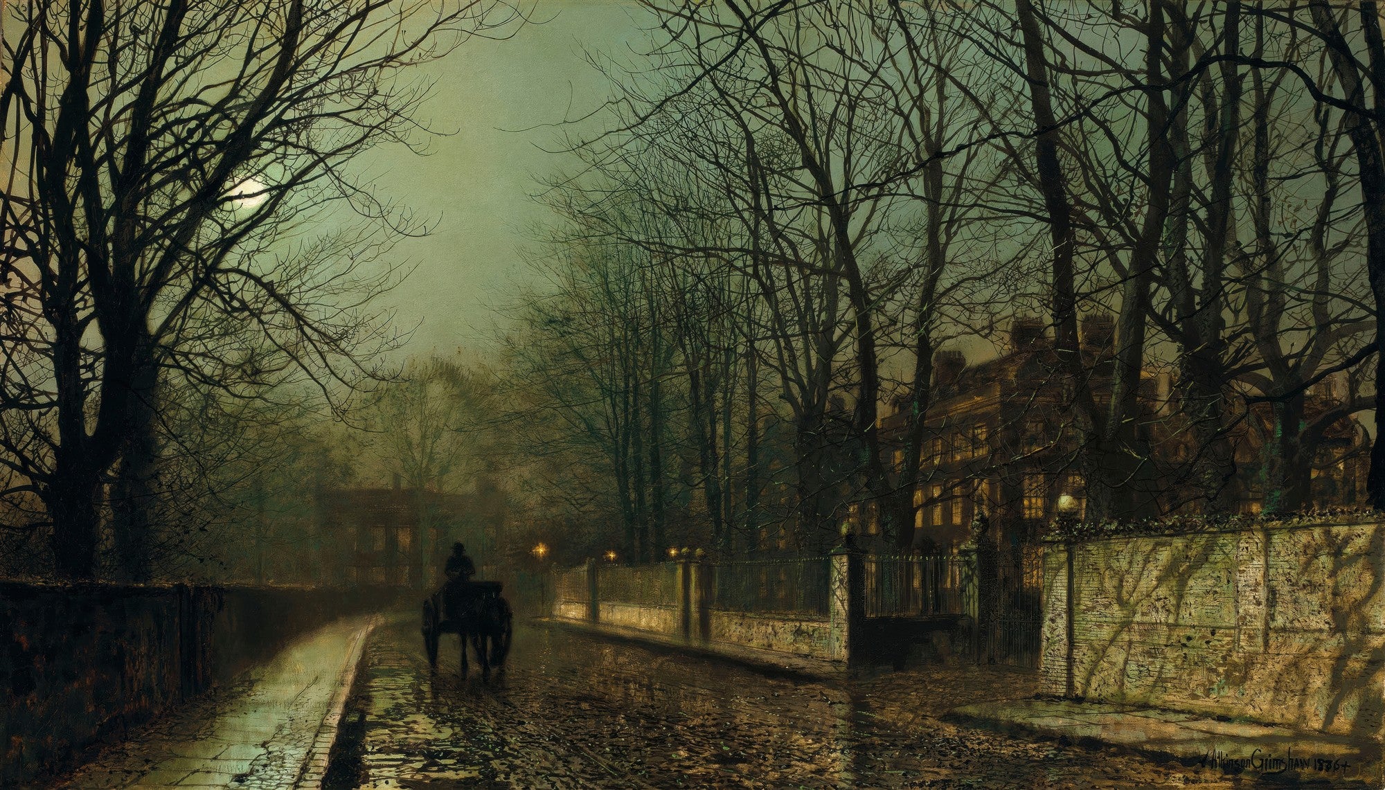 Quadro decorativo noturno de rua de paralelepípedos com carruagem e árvores despidas, iluminado pela luz da lua, de John Atkinson Grimshaw.