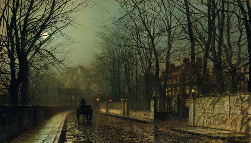 Quadro decorativo noturno de rua de paralelepípedos com carruagem e árvores despidas, iluminado pela luz da lua, de John Atkinson Grimshaw.