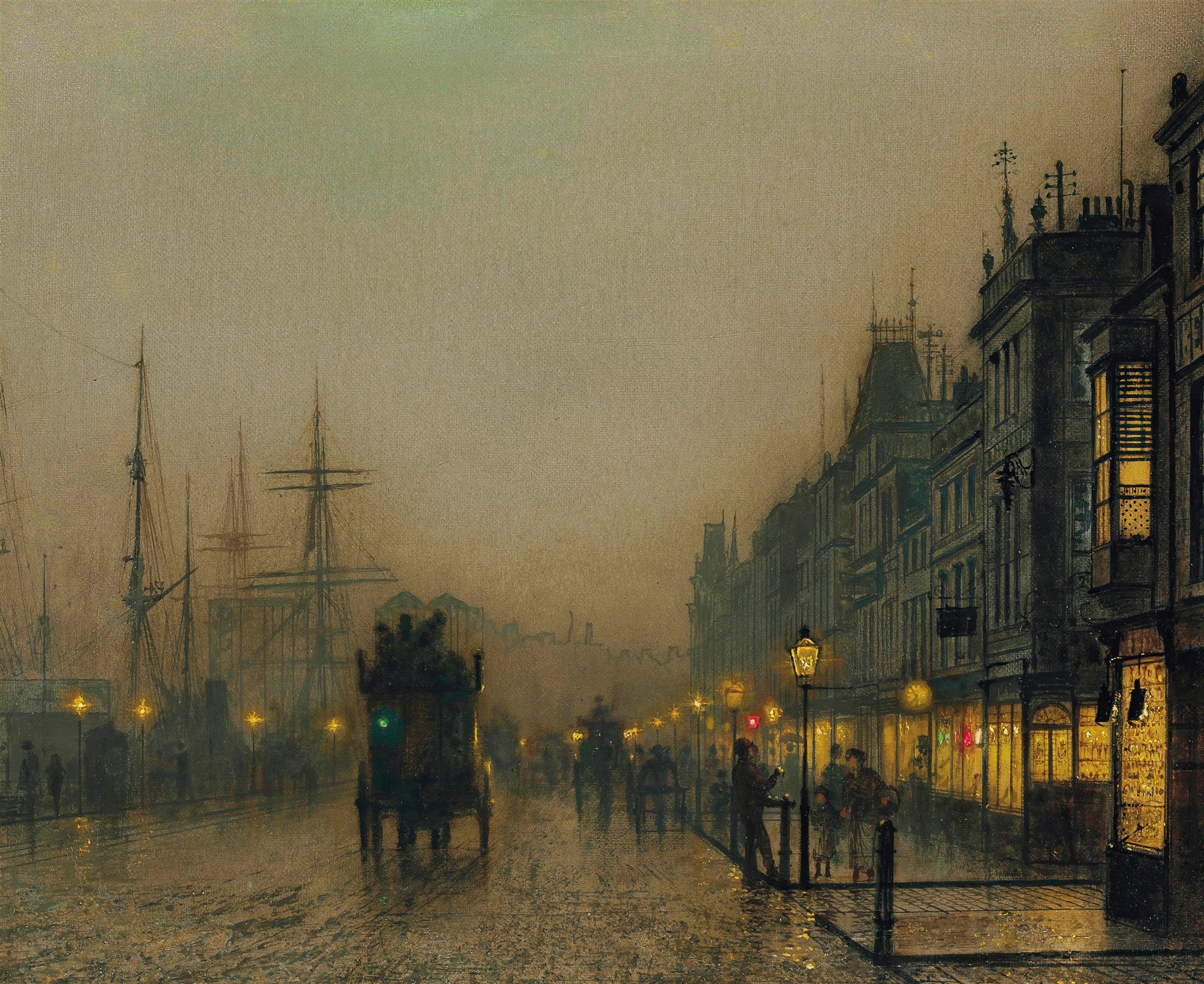 Quadro decorativo de uma rua londrina noturna e nebulosa de John Atkinson Grimshaw, com carruagens, pessoas e edifícios iluminados por lampiões a gás. Navios no porto ao fundo.