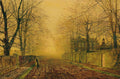 Pintura a óleo de John Atkinson Grimshaw retratando uma estrada coberta por névoa no outono, com árvores sem folhas e uma figura solitária.
