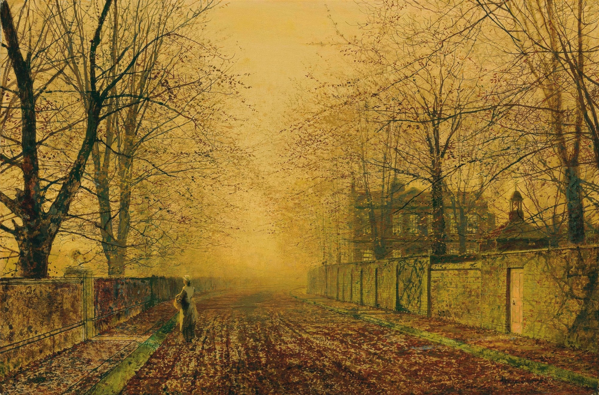Pintura a óleo de John Atkinson Grimshaw retratando uma estrada coberta por névoa no outono, com árvores sem folhas e uma figura solitária.