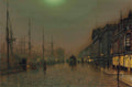 Quadro decorativo de John Atkinson Grimshaw, 'Shipping on the Clyde, Glasgow', representando um porto escuro e nevoento à noite com navios, pessoas e edifícios iluminados por luzes amareladas, refletidas no chão molhado. Predominam tons de verde escuro, marrom e amarelo.