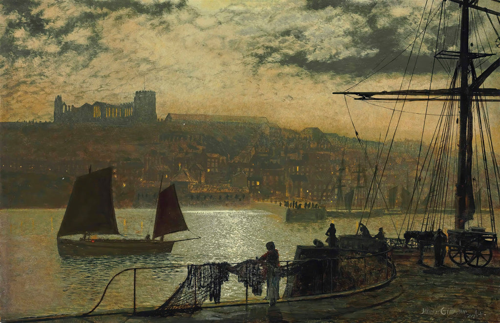Quadro decorativo Whitby Harbour de John Atkinson Grimshaw, mostrando um porto à noite com barcos, a cidade iluminada e uma abadia no topo da colina sob um céu nublado.