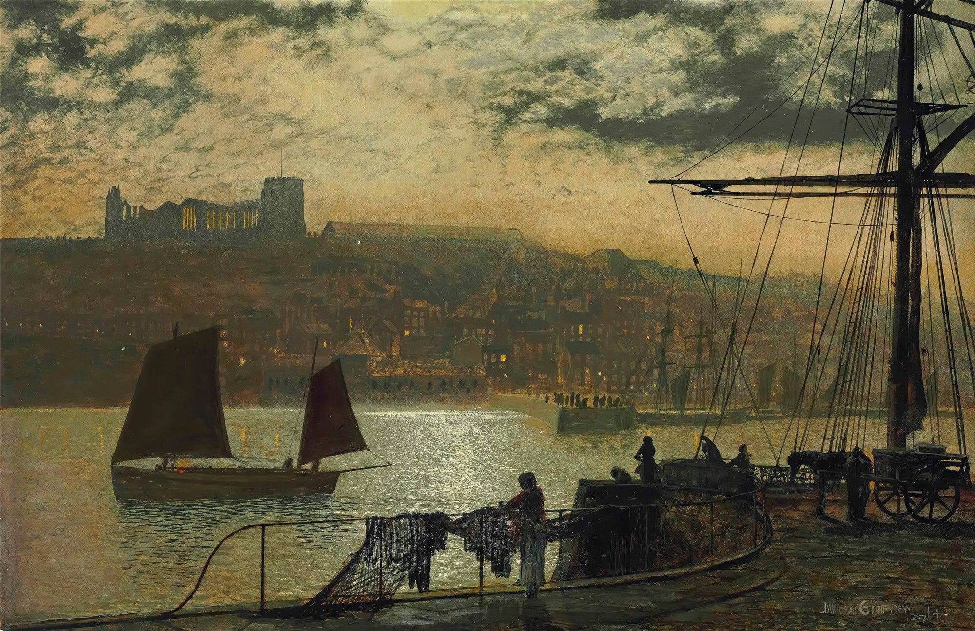 Quadro decorativo Whitby Harbour de John Atkinson Grimshaw, mostrando um porto à noite com barcos, a cidade iluminada e uma abadia no topo da colina sob um céu nublado.