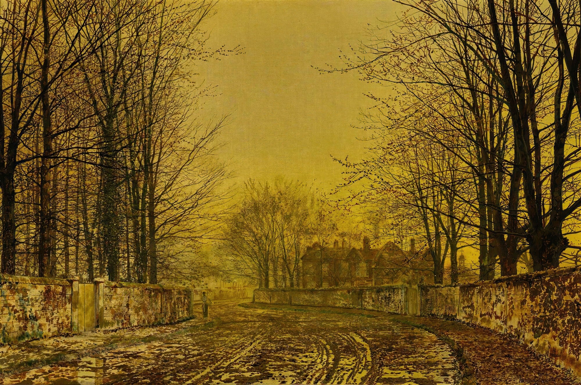 Quadro decorativo mostrando uma paisagem de inverno com árvores secas e um caminho de terra com poças, sob um céu dourado e nebuloso. Ao fundo, uma casa antiga e muros de pedra. Estilo vitoriano, John Atkinson Grimshaw.