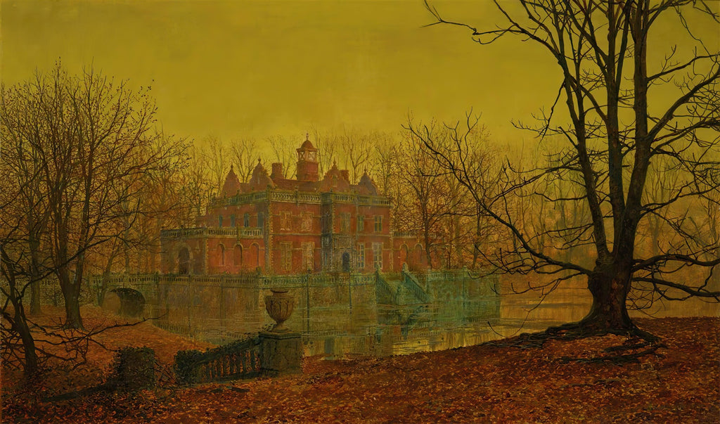 Quadro decorativo 'The Old Manor House' de John Atkinson Grimshaw, mostrando uma mansão antiga em tons terrosos e dourados, rodeada por árvores sem folhas e um lago refletindo a construção, sob um céu crepuscular.