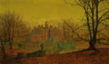 Quadro decorativo 'The Old Manor House' de John Atkinson Grimshaw, mostrando uma mansão antiga em tons terrosos e dourados, rodeada por árvores sem folhas e um lago refletindo a construção, sob um céu crepuscular.