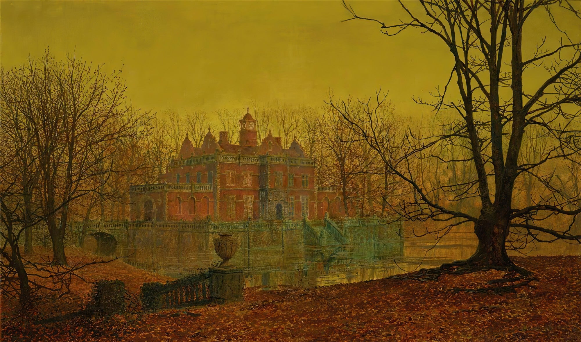 Quadro decorativo 'The Old Manor House' de John Atkinson Grimshaw, mostrando uma mansão antiga em tons terrosos e dourados, rodeada por árvores sem folhas e um lago refletindo a construção, sob um céu crepuscular.