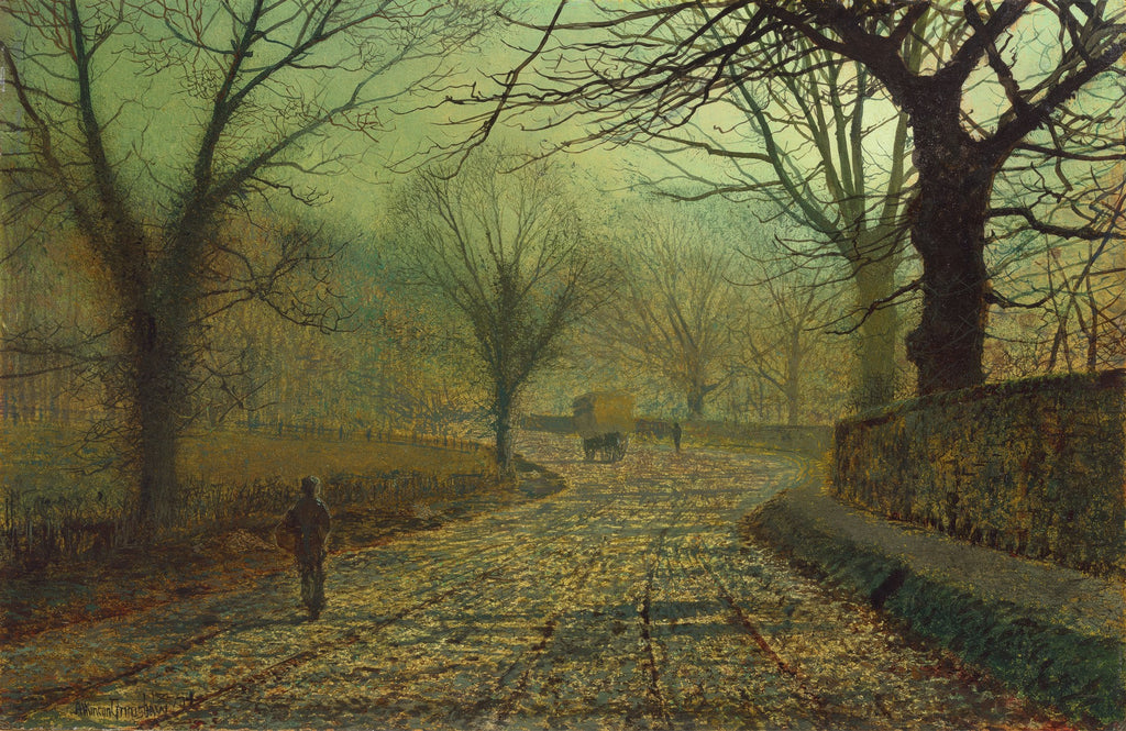 Pintura a óleo de John Atkinson Grimshaw intitulada 'A Estrada de Inverno', retratando uma estrada de terra com neve ou geada, cercada por árvores nuas e uma parede de pedra em um dia nublado com um céu esverdeado, e uma figura caminhando ao longe.