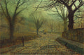 Pintura a óleo de John Atkinson Grimshaw intitulada 'A Estrada de Inverno', retratando uma estrada de terra com neve ou geada, cercada por árvores nuas e uma parede de pedra em um dia nublado com um céu esverdeado, e uma figura caminhando ao longe.