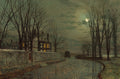 Quadro decorativo com paisagem noturna de inverno. Uma rua molhada ilumina-se sob a luz da lua cheia, com árvores secas e uma casa antiga com janelas acesas. Uma carroça e uma figura solitária adicionam mistério à cena.