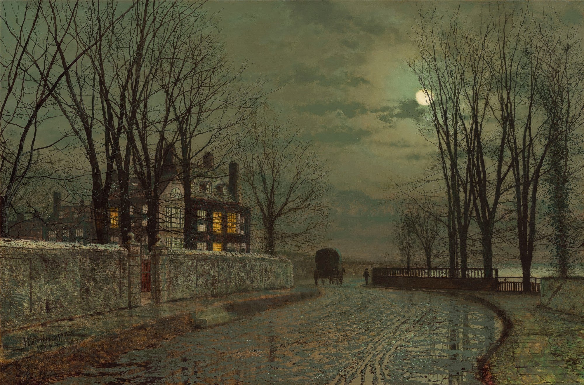 Quadro decorativo com paisagem noturna de inverno. Uma rua molhada ilumina-se sob a luz da lua cheia, com árvores secas e uma casa antiga com janelas acesas. Uma carroça e uma figura solitária adicionam mistério à cena.