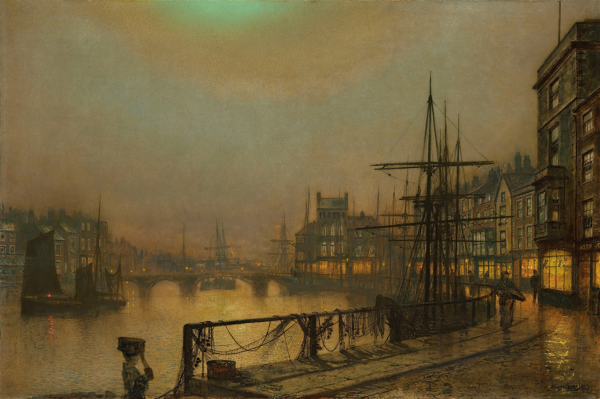 Pintura a óleo de John Atkinson Grimshaw retratando um porto à noite, com navios ancorados, edifícios iluminados, uma ponte ao fundo e reflexos de luz na água escura. A cena é envolta em uma névoa dourada e esverdeada.
