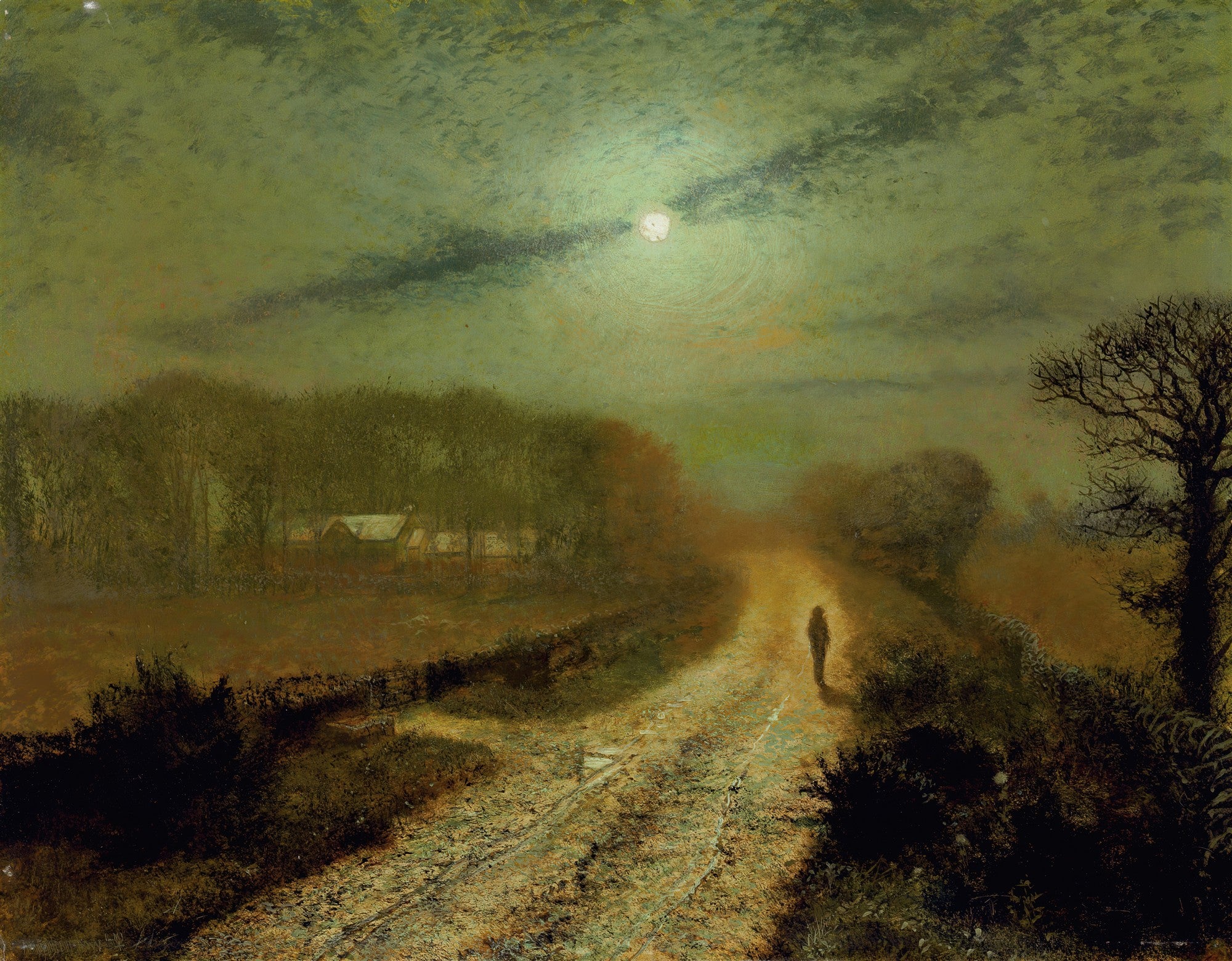 Quadro decorativo noturno com figura solitária em estrada rural sob luar de John Atkinson Grimshaw