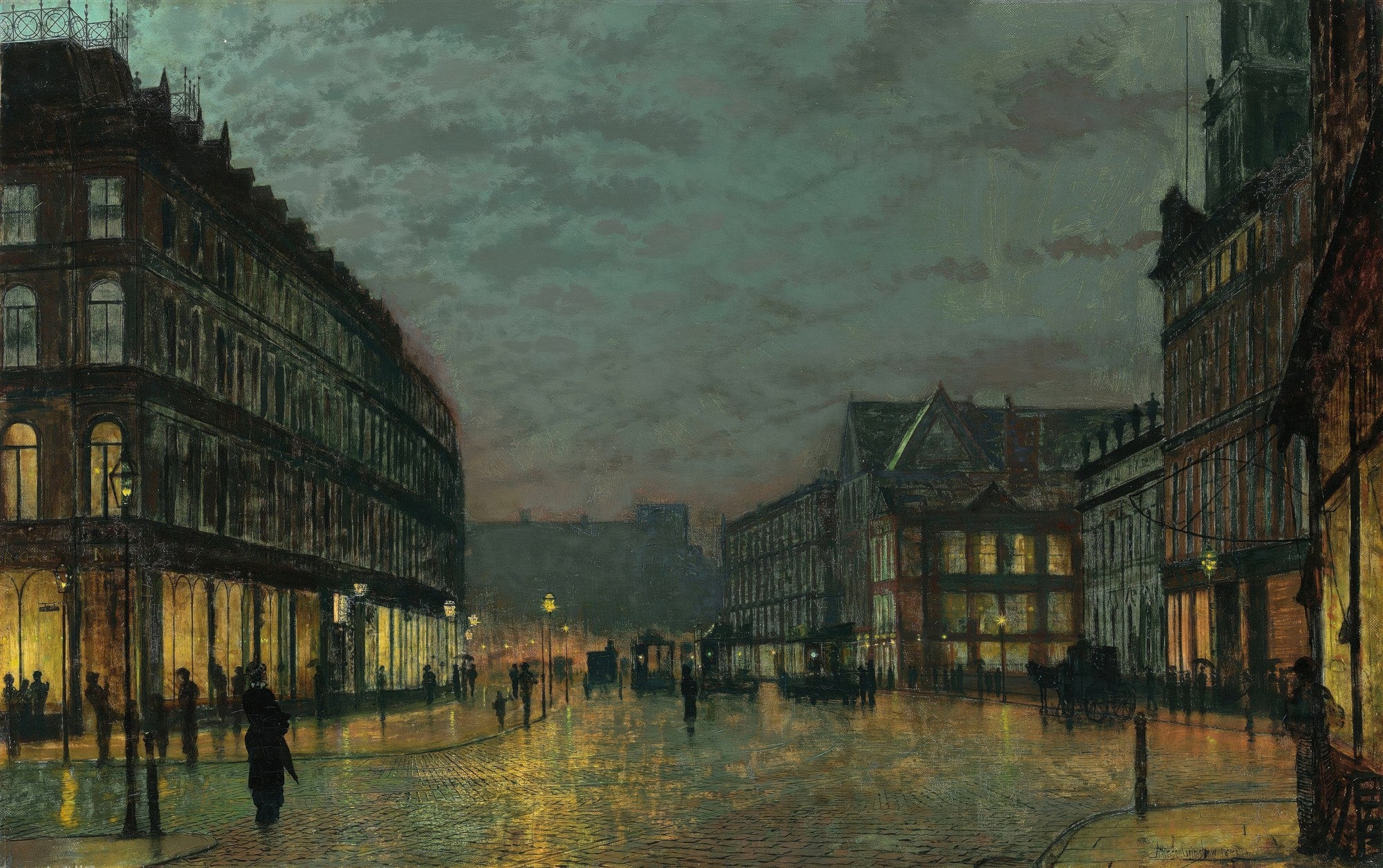 Uma pintura a óleo de John Atkinson Grimshaw intitulada 'A Sereia', retratando uma rua urbana vitoriana à noite, com o pavimento molhado refletindo a luz amarelada dos lampiões a gás e das vitrines das lojas. Pessoas passeiam pela rua, e o céu nublado em tons de azul-esverdeado domina o topo da cena. Edifícios escuros e imponentes ladeiam a rua.