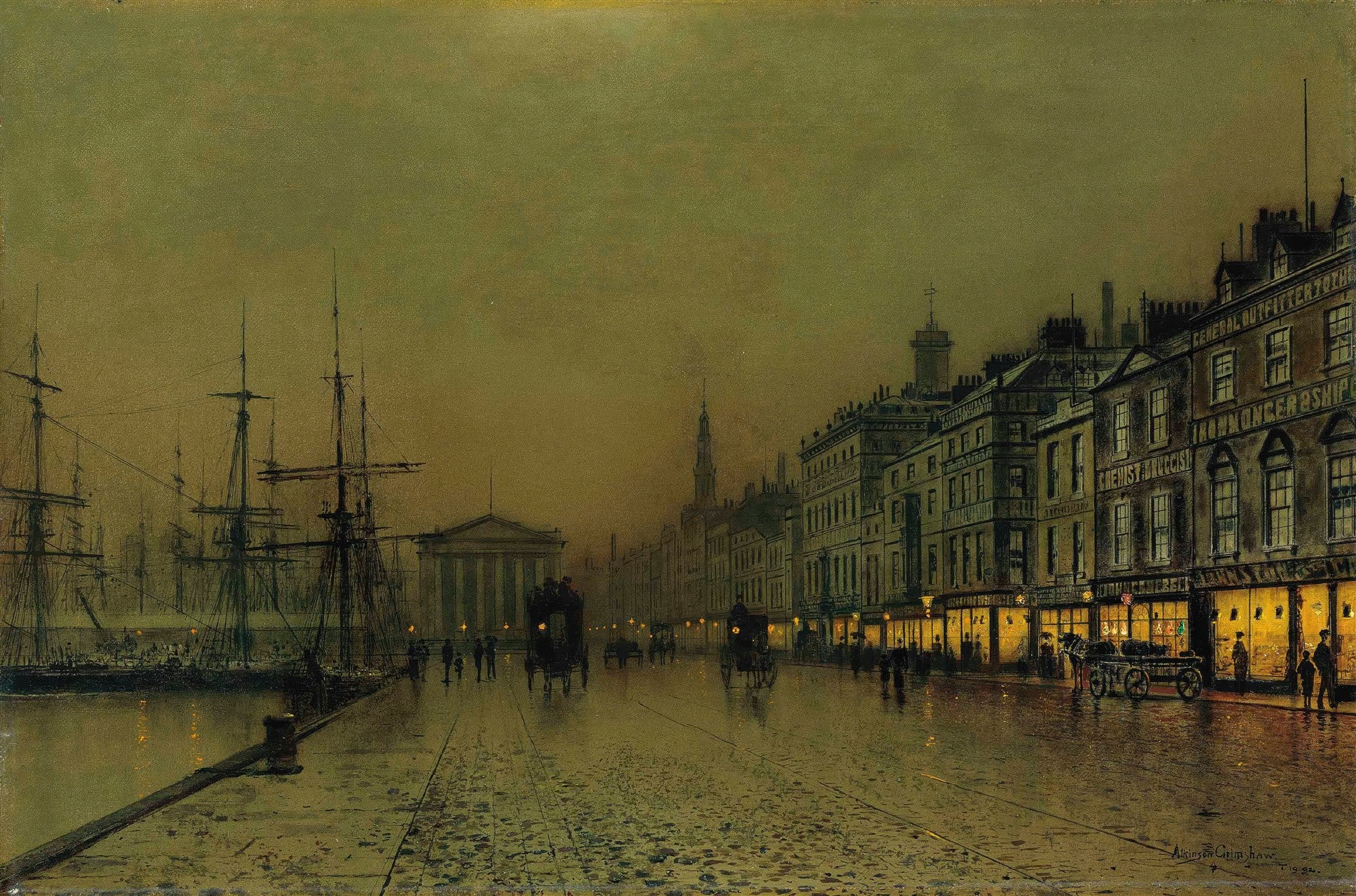 Quadro decorativo de John Atkinson Grimshaw, representando uma paisagem urbana noturna de um porto com navios, prédios iluminados e pessoas caminhando sob uma luz tênue.