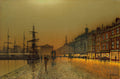 Quadro decorativo mostrando uma cena de rua noturna de John Atkinson Grimshaw, com navios atracados em um cais à esquerda, edifícios vitorianos iluminados por lampiões e vitrines à direita, e figuras caminhando pela rua úmida, refletindo a luz dourada.