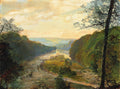 Pintura a óleo de John Atkinson Grimshaw, representando um rio serpenteando por uma floresta densa sob um céu crepuscular com nuvens douradas. Um pescador solitário e algumas vacas são visíveis à beira do rio, com árvores em primeiro plano no lado direito.