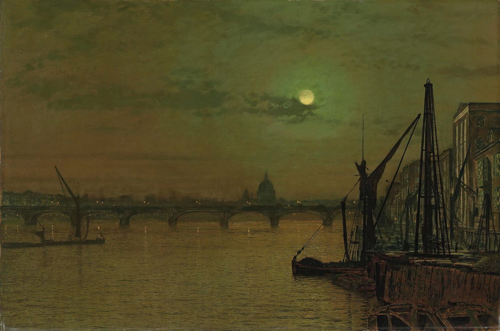Quadro decorativo mostrando uma vista noturna do rio Tâmisa em Londres, com uma ponte iluminada ao fundo e o domo da Catedral de São Paulo. A lua cheia brilha no céu esverdeado, refletindo na água, enquanto barcos e estruturas de porto aparecem em primeiro plano, criando uma atmosfera misteriosa e tranquila.