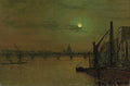 Quadro decorativo mostrando uma vista noturna do rio Tâmisa em Londres, com uma ponte iluminada ao fundo e o domo da Catedral de São Paulo. A lua cheia brilha no céu esverdeado, refletindo na água, enquanto barcos e estruturas de porto aparecem em primeiro plano, criando uma atmosfera misteriosa e tranquila.