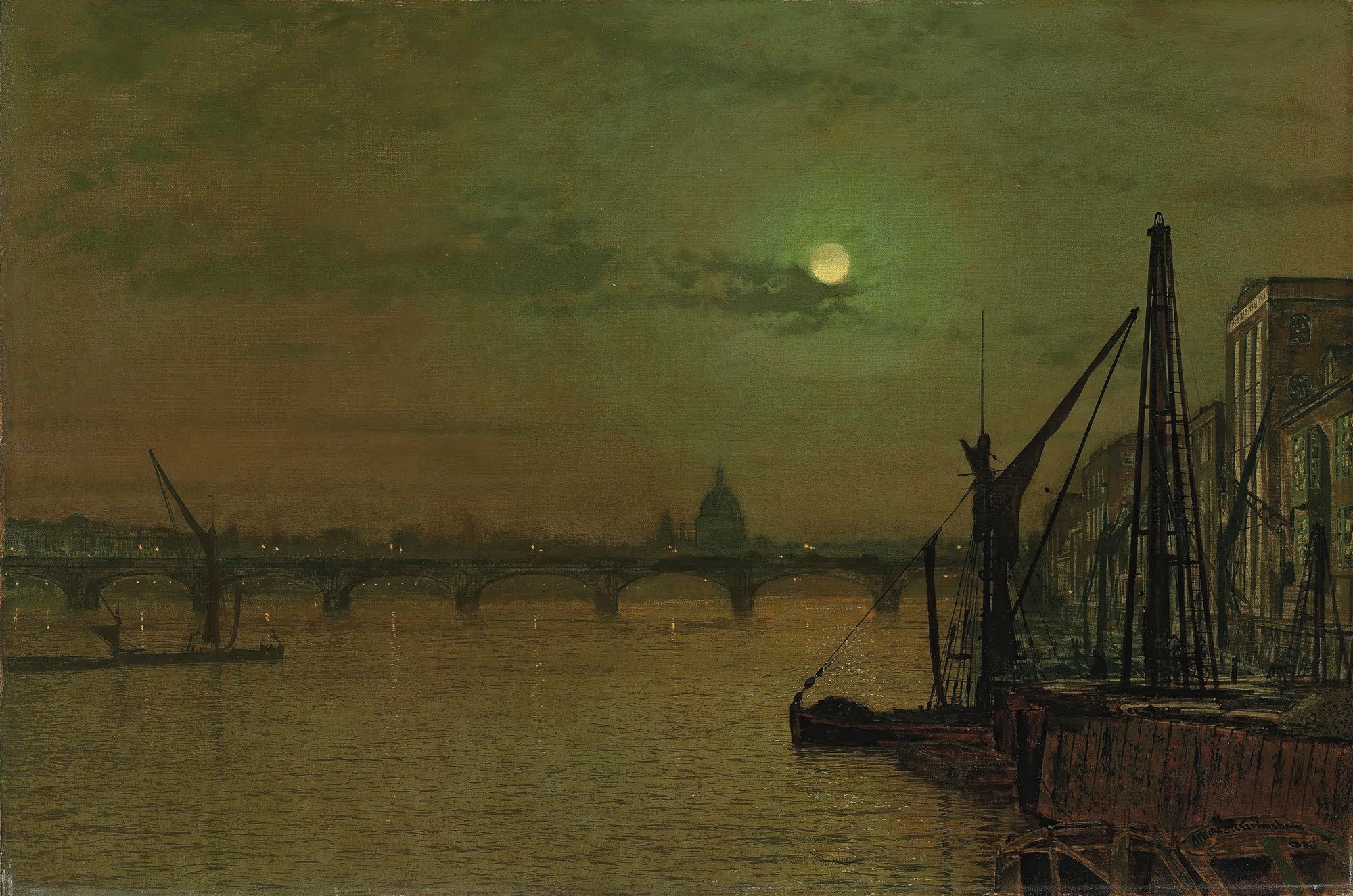 Quadro decorativo mostrando uma vista noturna do rio Tâmisa em Londres, com uma ponte iluminada ao fundo e o domo da Catedral de São Paulo. A lua cheia brilha no céu esverdeado, refletindo na água, enquanto barcos e estruturas de porto aparecem em primeiro plano, criando uma atmosfera misteriosa e tranquila.