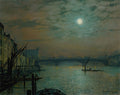Quadro noturno de John Atkinson Grimshaw retratando o rio Tâmisa em Londres sob a luz da lua cheia, com barcos e uma ponte iluminada ao fundo, em tons de azul, verde e amarelo.
