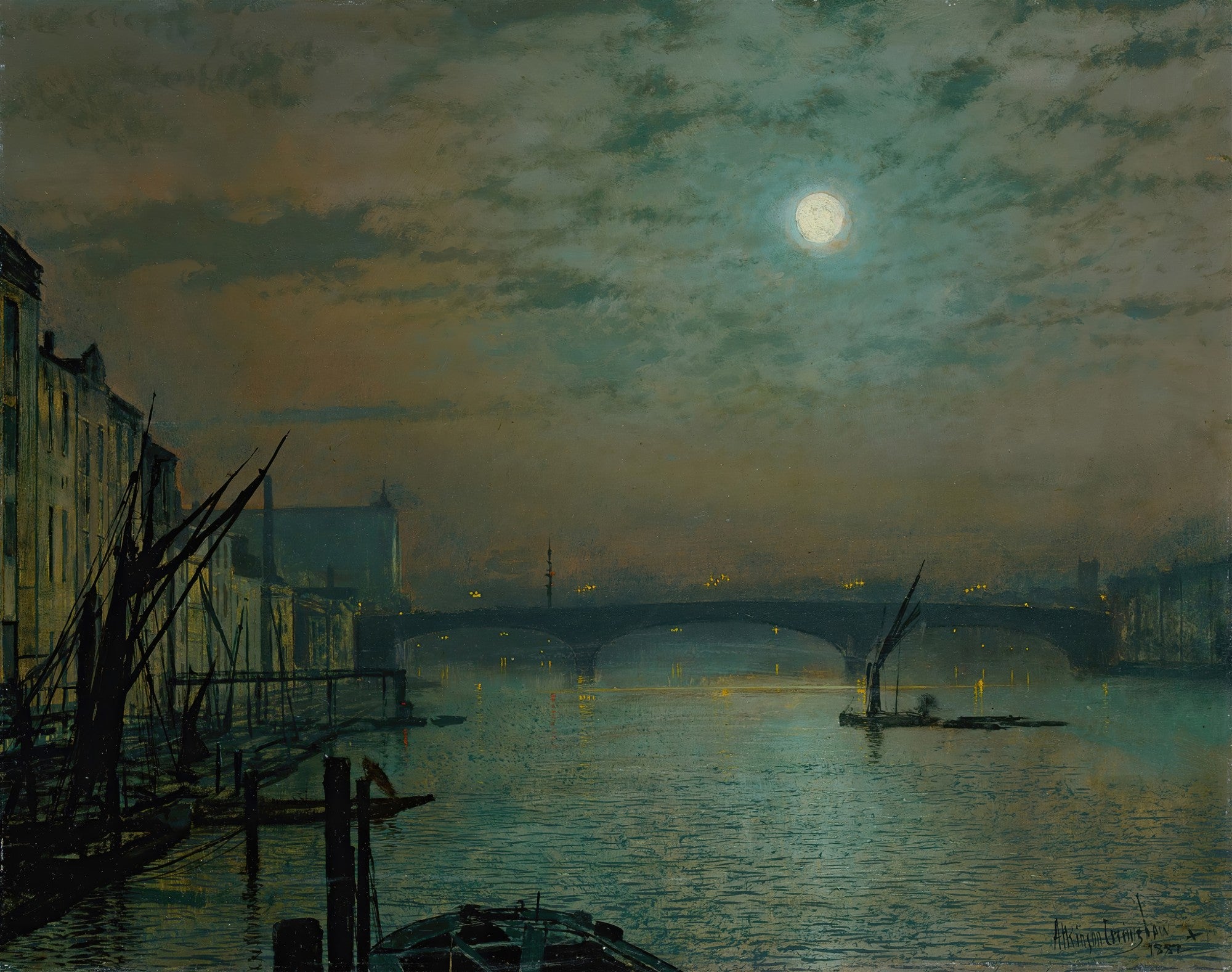Quadro noturno de John Atkinson Grimshaw retratando o rio Tâmisa em Londres sob a luz da lua cheia, com barcos e uma ponte iluminada ao fundo, em tons de azul, verde e amarelo.