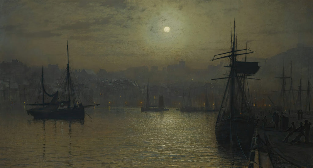 Pintura a óleo de um porto à noite, com a lua cheia refletindo na água, vários navios ancorados e silhuetas de edifícios urbanos ao fundo. A cena é dominada por tons escuros de azul e verde, com a luz amarelada da lua e das lâmpadas iluminando pontos específicos.