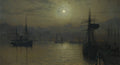 Pintura a óleo de um porto à noite, com a lua cheia refletindo na água, vários navios ancorados e silhuetas de edifícios urbanos ao fundo. A cena é dominada por tons escuros de azul e verde, com a luz amarelada da lua e das lâmpadas iluminando pontos específicos.
