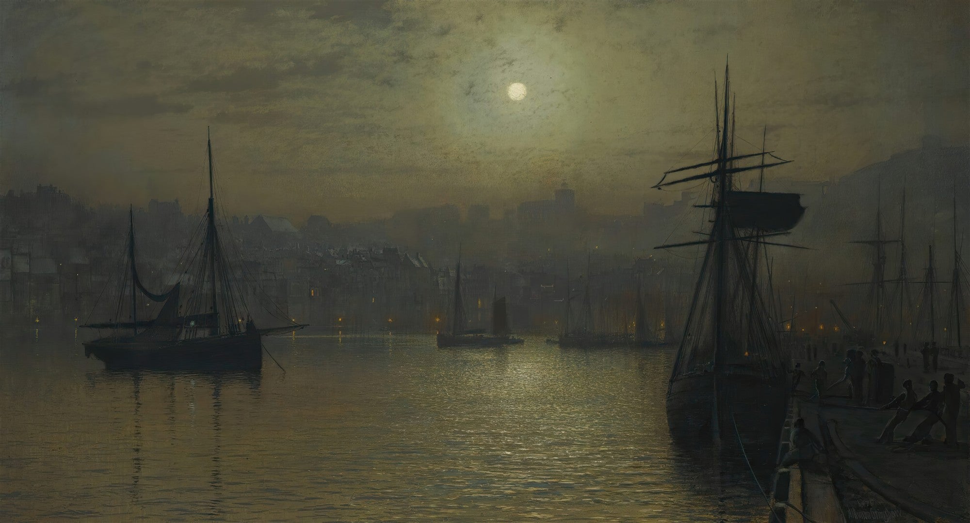 Pintura a óleo de um porto à noite, com a lua cheia refletindo na água, vários navios ancorados e silhuetas de edifícios urbanos ao fundo. A cena é dominada por tons escuros de azul e verde, com a luz amarelada da lua e das lâmpadas iluminando pontos específicos.