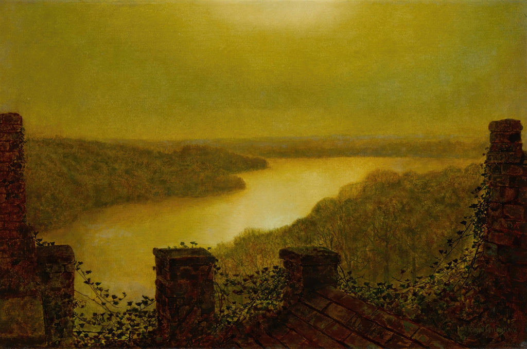 Quadro decorativo 'Noite sobre o Rio' de John Atkinson Grimshaw, uma paisagem noturna com rio sinuoso, árvores e elementos de alvenaria em primeiro plano sob uma luz amarelada.