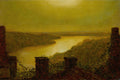 Quadro decorativo 'Noite sobre o Rio' de John Atkinson Grimshaw, uma paisagem noturna com rio sinuoso, árvores e elementos de alvenaria em primeiro plano sob uma luz amarelada.