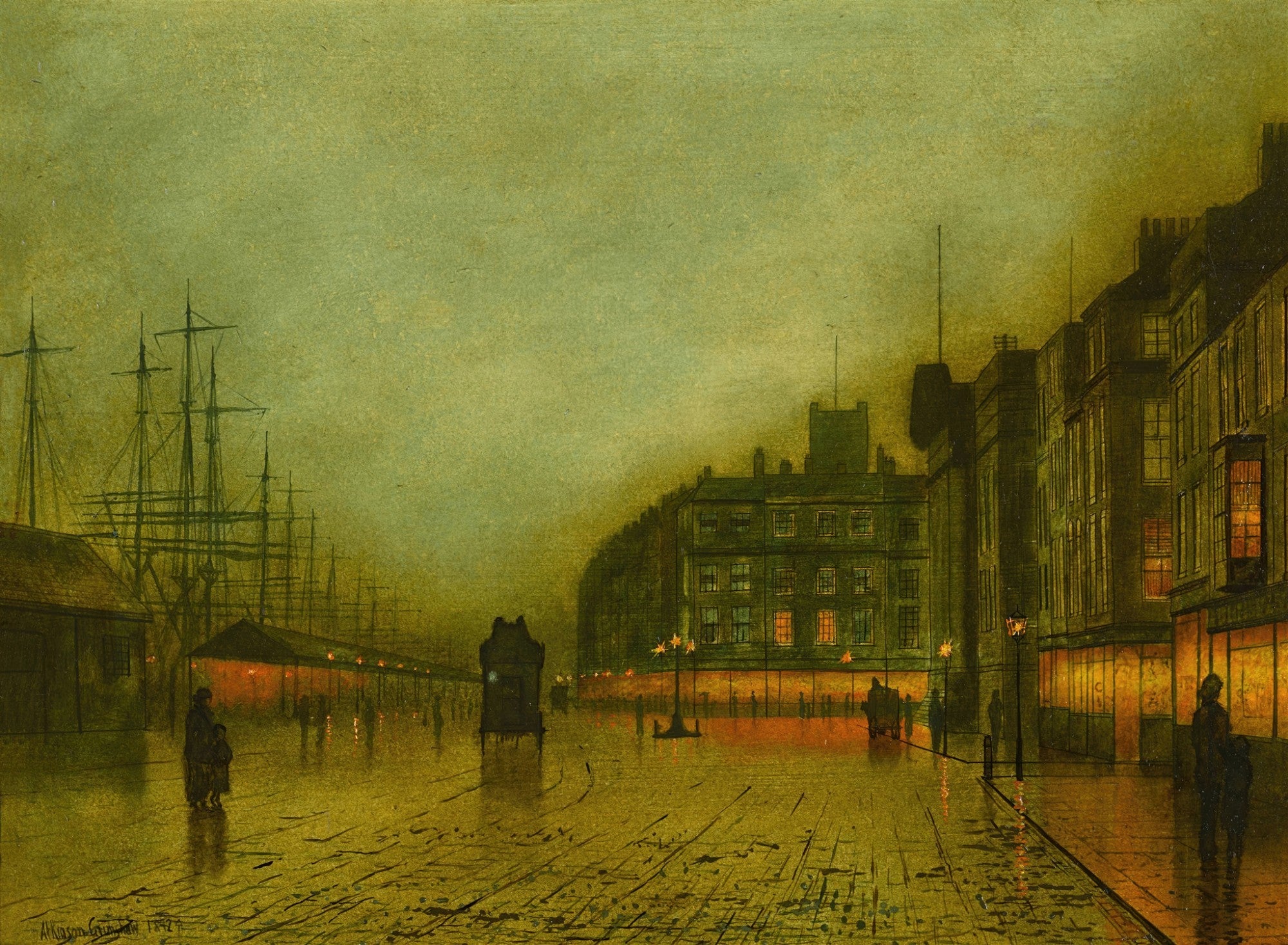 Quadro decorativo com pintura de porto à noite de John Atkinson Grimshaw, mostrando navios, edifícios iluminados e reflexos no chão molhado sob um céu esverdeado.