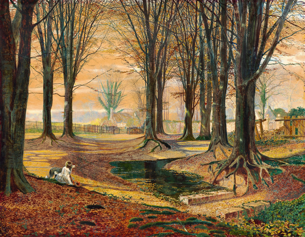 Quadro decorativo de uma floresta no outono, com folhas caídas em tons de laranja e marrom. Uma jovem de branco e um cão preto e branco estão sentados junto a um riacho, observando a paisagem. A luz do sol poente filtra-se pelas árvores sem folhas, iluminando o chão da floresta. Ao fundo, uma cabana e uma cerca.