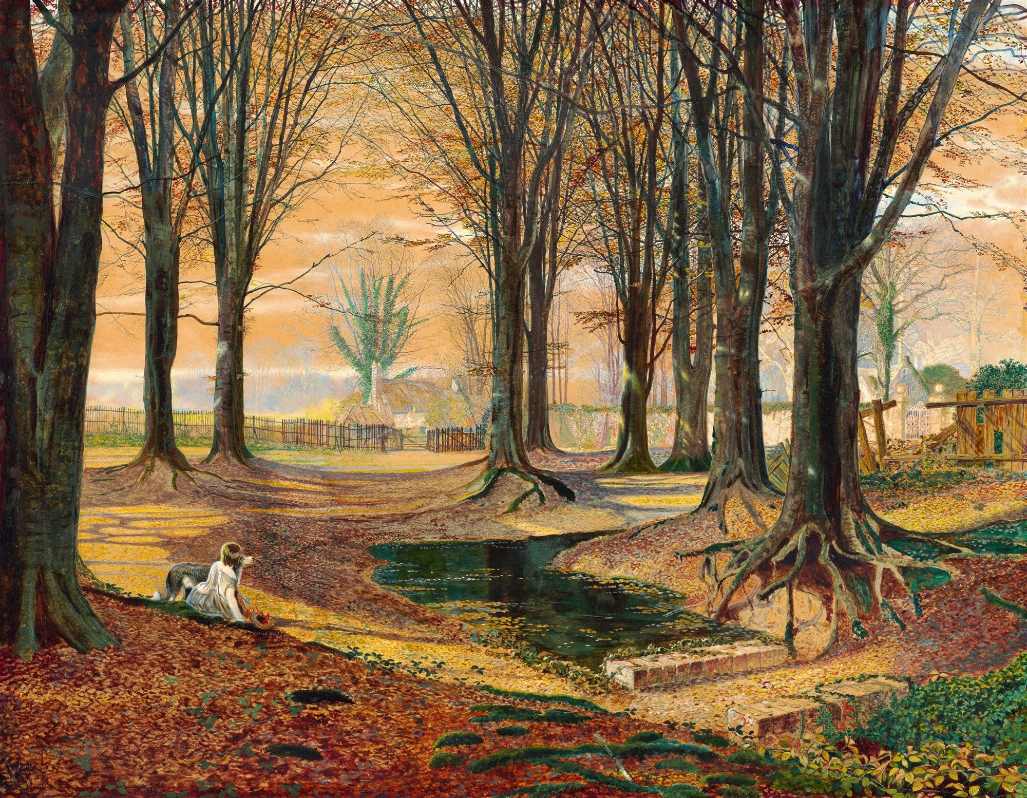 Quadro decorativo de uma floresta no outono, com folhas caídas em tons de laranja e marrom. Uma jovem de branco e um cão preto e branco estão sentados junto a um riacho, observando a paisagem. A luz do sol poente filtra-se pelas árvores sem folhas, iluminando o chão da floresta. Ao fundo, uma cabana e uma cerca.