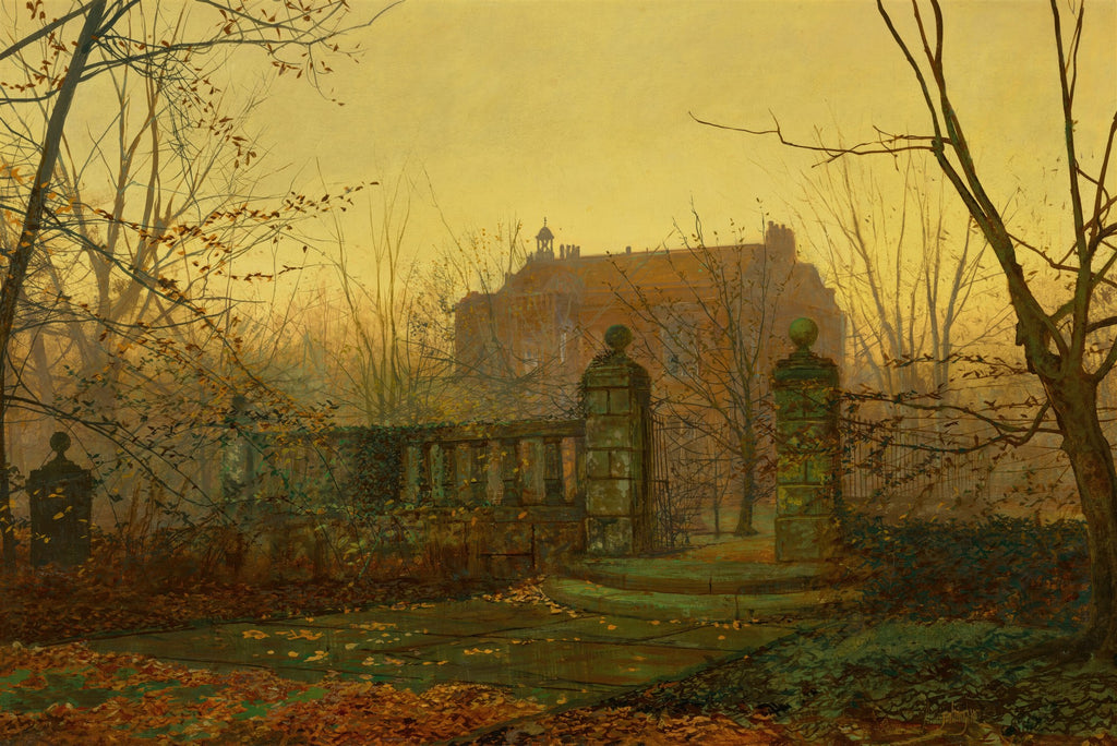 Pintura de John Atkinson Grimshaw mostrando um portão de mansão em meio a árvores de outono, com folhagens secas no chão e uma luz dourada no céu.