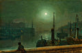 Quadro decorativo mostrando um porto à noite sob a luz da lua cheia. Um cais com barcos e navios ancorados, com luzes refletindo na água escura. Uma figura solitária está de costas, observando a cena. A paleta de cores é predominantemente verde-escura e cinza-azulada, com pontos de luz amarelados.
