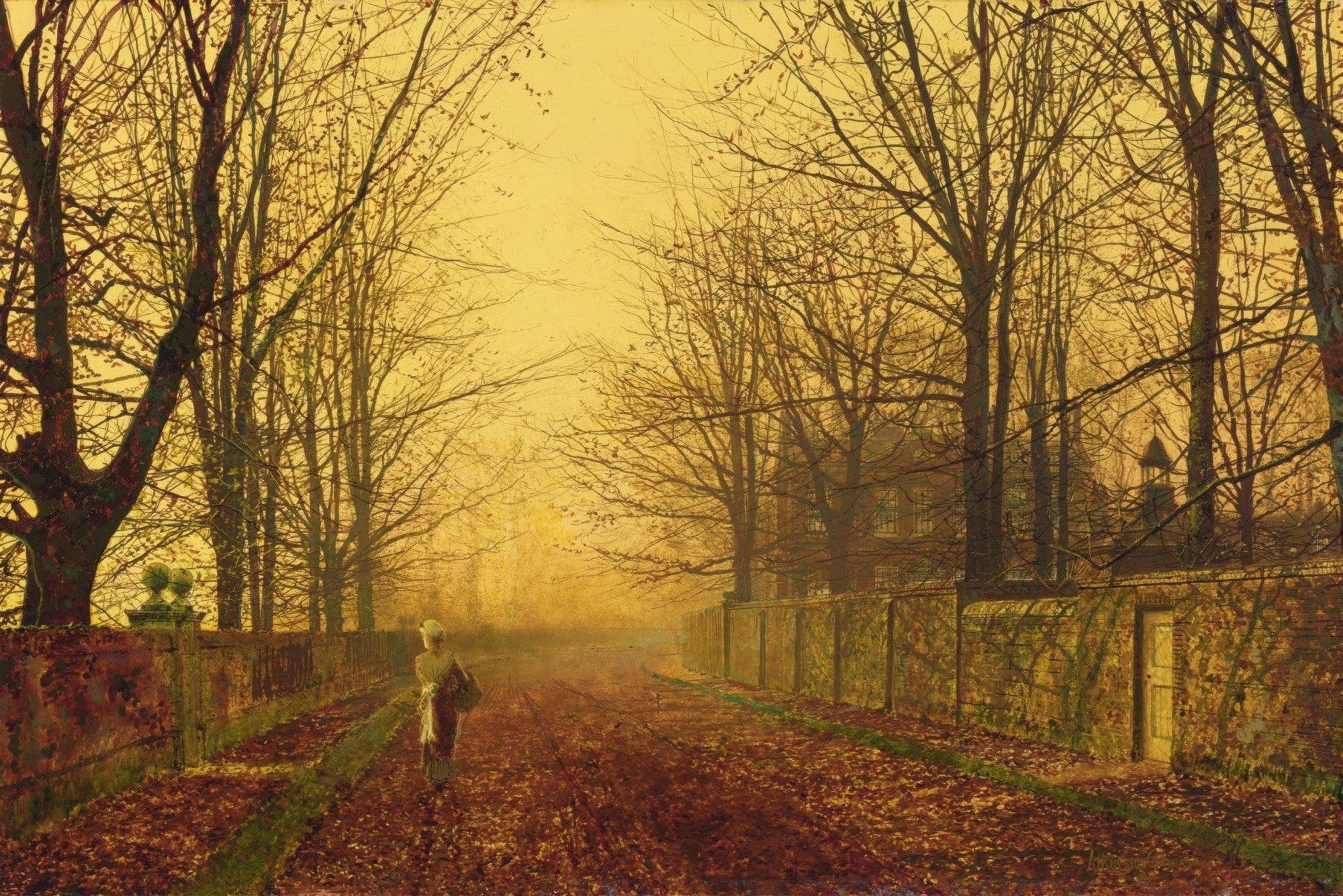 Quadro decorativo A Mistress and Her Maid, de John Atkinson Grimshaw, retratando uma mulher caminhando por uma estrada ladeada por árvores e um muro de pedra em um dia de outono com luz dourada.