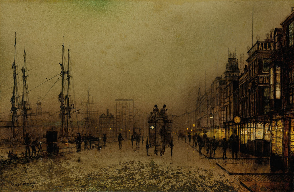 Pintura a óleo de John Atkinson Grimshaw, Princes Dock, Hull, retratando uma rua portuária noturna com navios, edifícios iluminados, carruagens e figuras humanas sob um céu crepuscular.