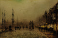 Pintura a óleo de John Atkinson Grimshaw, Princes Dock, Hull, retratando uma rua portuária noturna com navios, edifícios iluminados, carruagens e figuras humanas sob um céu crepuscular.