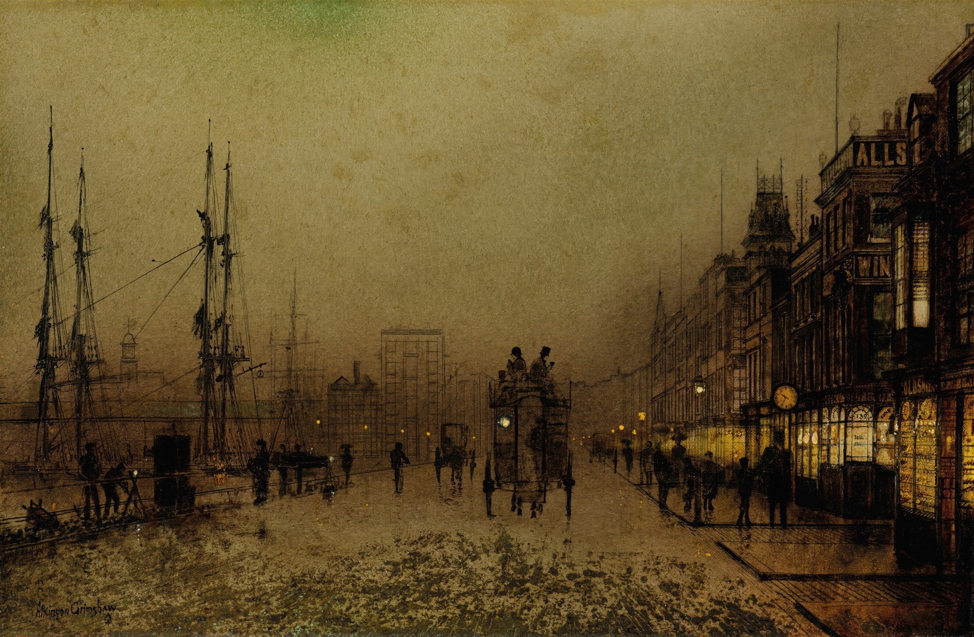 Pintura a óleo de John Atkinson Grimshaw, Princes Dock, Hull, retratando uma rua portuária noturna com navios, edifícios iluminados, carruagens e figuras humanas sob um céu crepuscular.