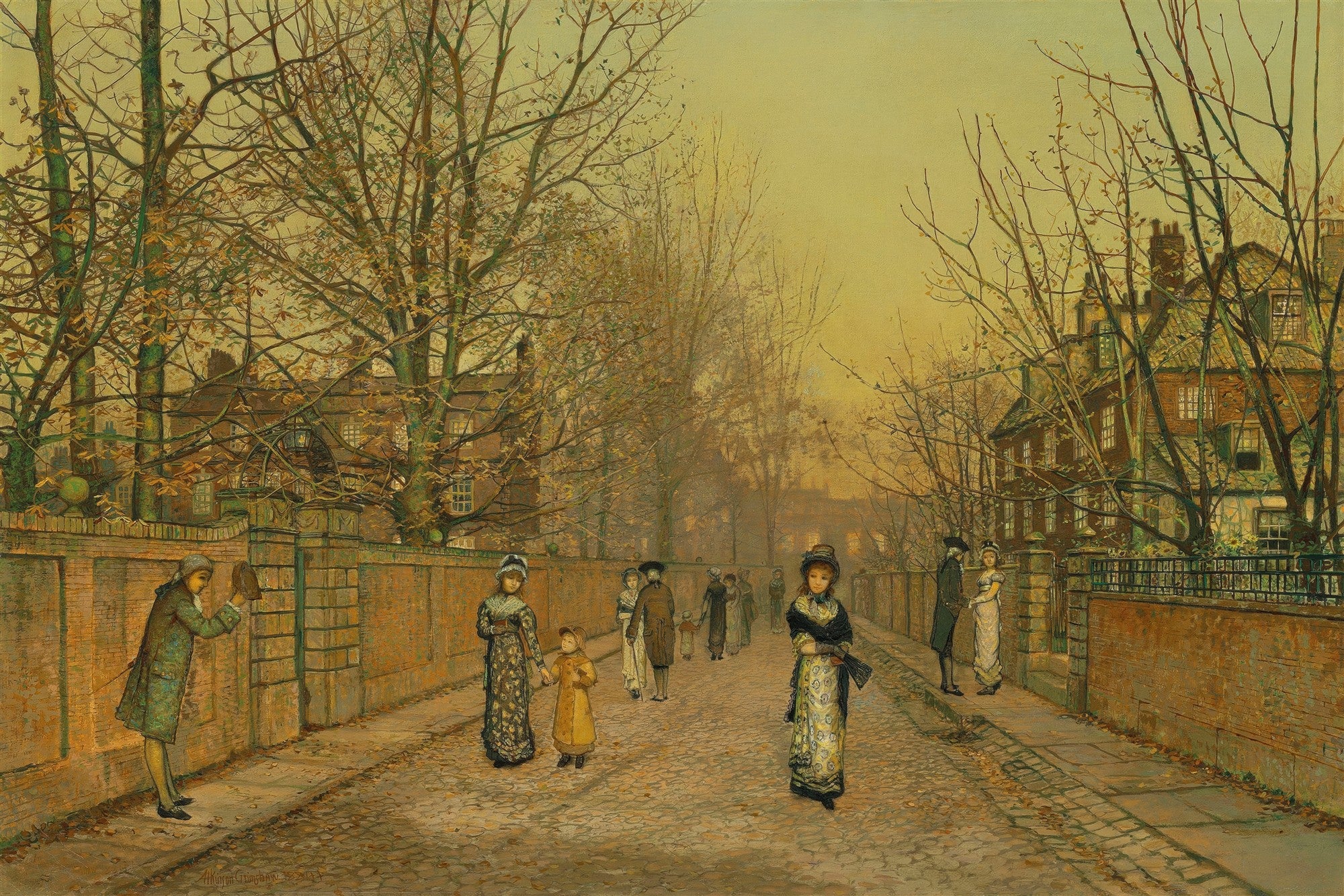 Uma pintura a óleo de John Atkinson Grimshaw, 'An Autumn Idyll', retratando uma cena de rua outonal com figuras vitorianas passeando sob árvores com folhas secas e um céu dourado.