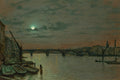 Pintura noturna de John Atkinson Grimshaw retratando o rio Tâmisa sob a luz da lua, com barcos ancorados e uma ponte ao fundo.