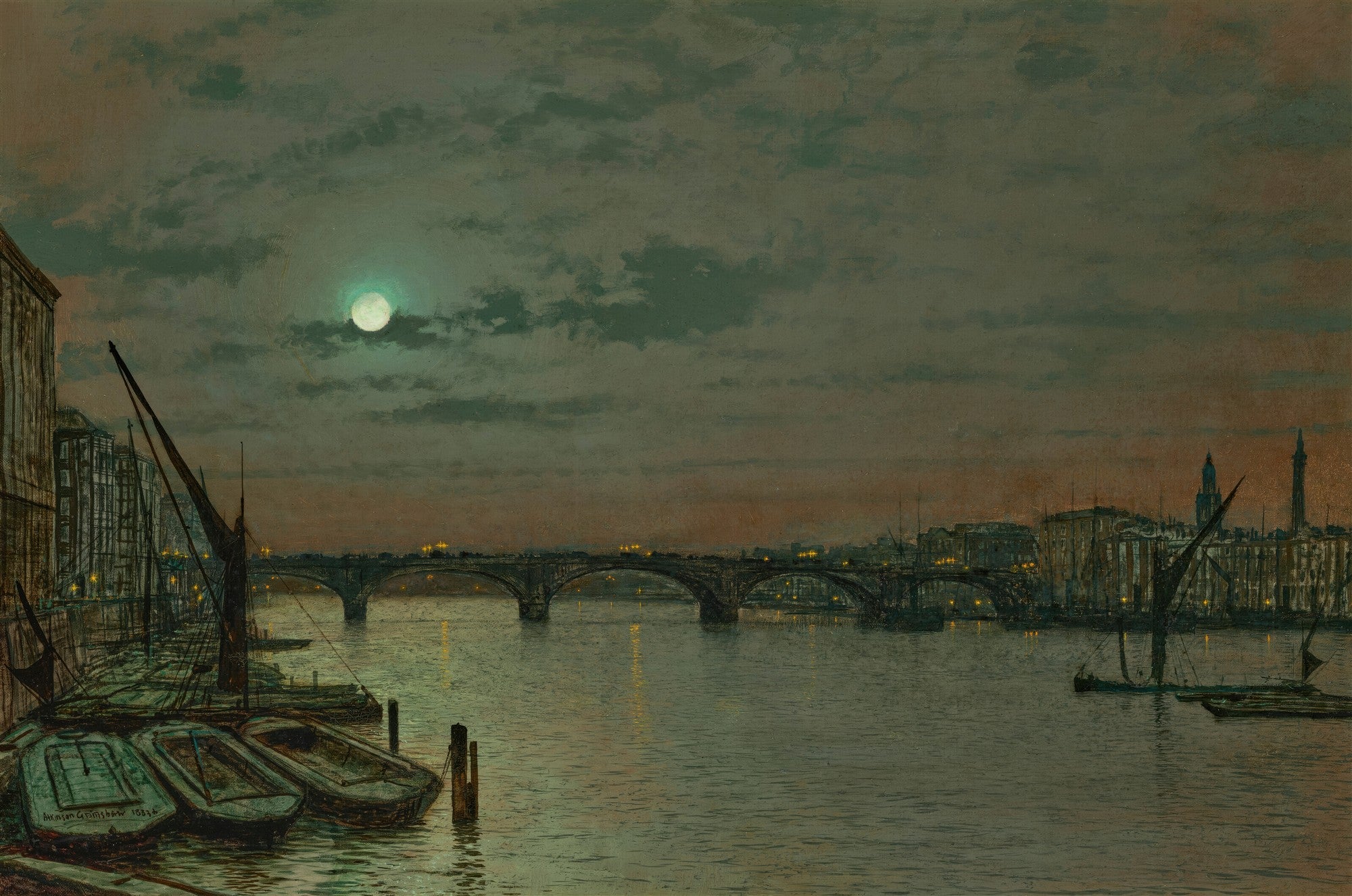 Pintura noturna de John Atkinson Grimshaw retratando o rio Tâmisa sob a luz da lua, com barcos ancorados e uma ponte ao fundo.