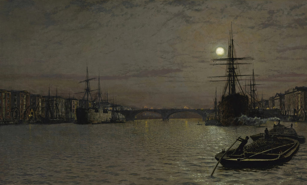 Quadro de John Atkinson Grimshaw, mostrando um porto noturno com navios ancorados e um barco a remo em primeiro plano, sob a luz de uma lua cheia.
