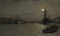Quadro de John Atkinson Grimshaw, mostrando um porto noturno com navios ancorados e um barco a remo em primeiro plano, sob a luz de uma lua cheia.
